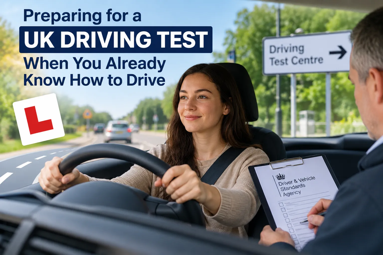 Experienced driver preparing for a UK practical driving test with a DVSA examiner.