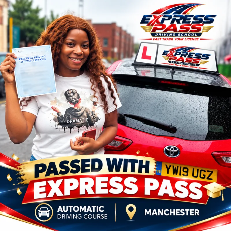 Express Pass student holding their driving test pass certificate — Automatic course · Manchester