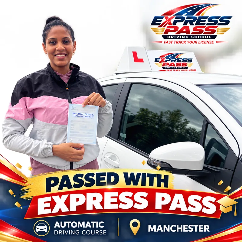 Express Pass student holding their driving test pass certificate — Automatic course · Manchester