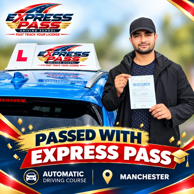Express Pass student holding their driving test pass certificate — Automatic course · Manchester
