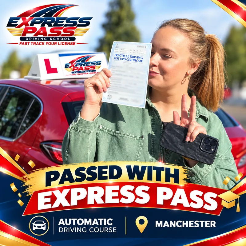 Express Pass student holding their driving test pass certificate — Automatic course · Manchester