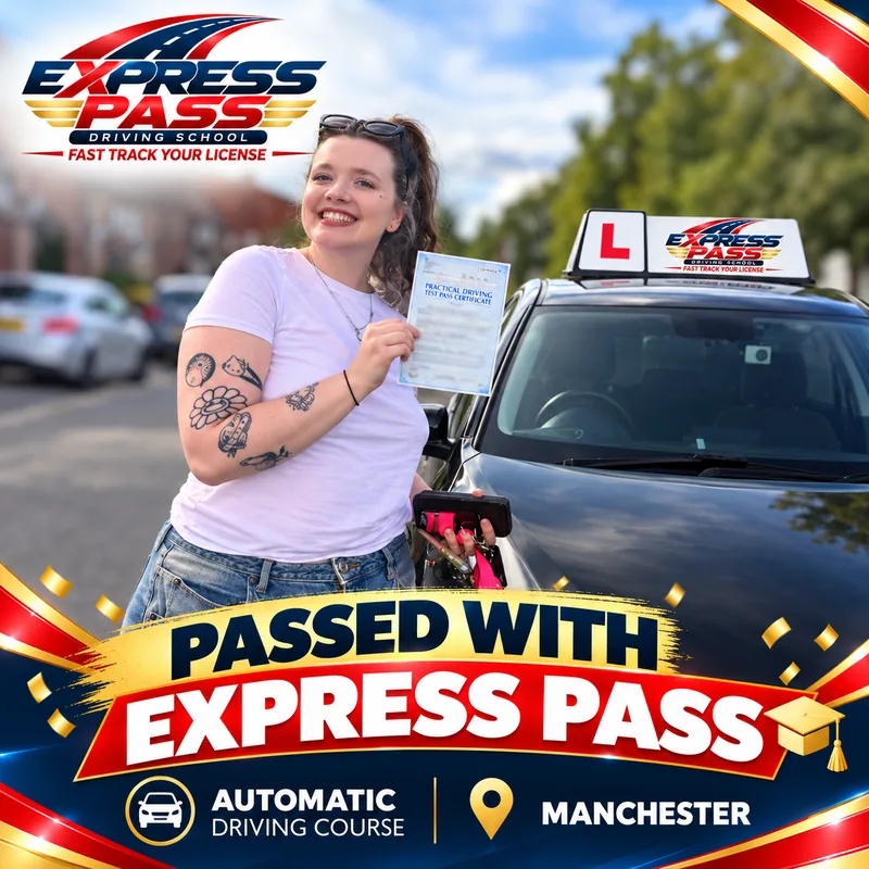 Express Pass student holding their driving test pass certificate — Automatic course · Manchester