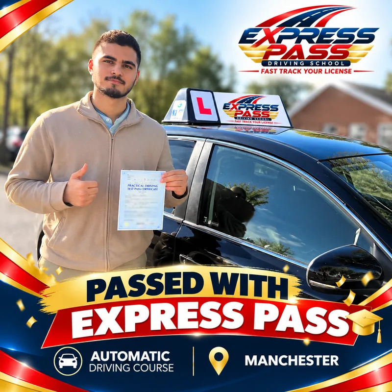 Express Pass student holding their driving test pass certificate — Automatic course · Manchester