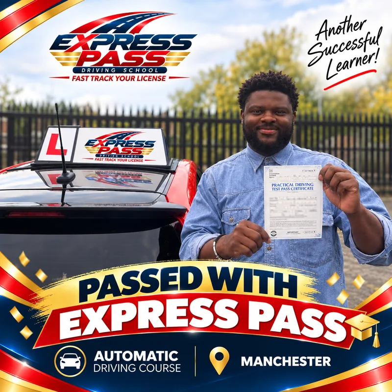 Express Pass student holding their driving test pass certificate — Automatic course · Manchester