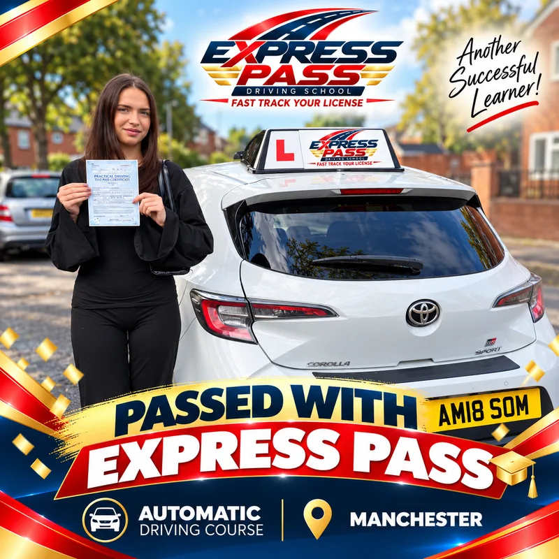 Express Pass student holding their driving test pass certificate — Automatic course · Manchester