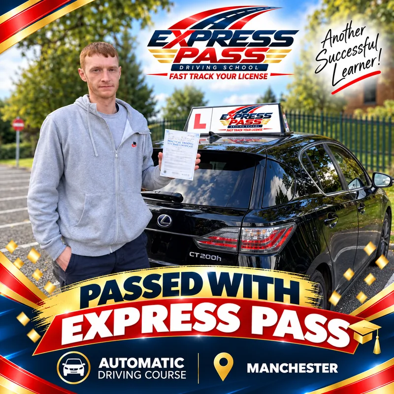 Express Pass student holding their driving test pass certificate — Automatic course · Manchester