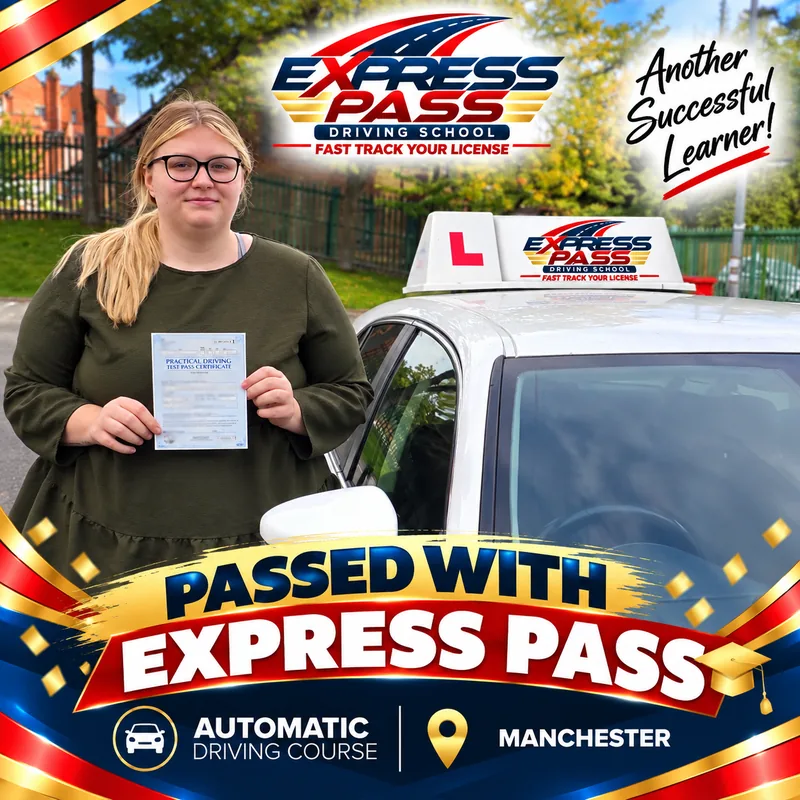 Express Pass student holding their driving test pass certificate — Automatic course · Manchester