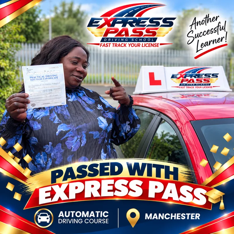 Express Pass student holding their driving test pass certificate — Automatic course · Manchester