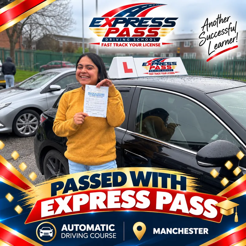 Express Pass student holding their driving test pass certificate — Automatic course · Manchester