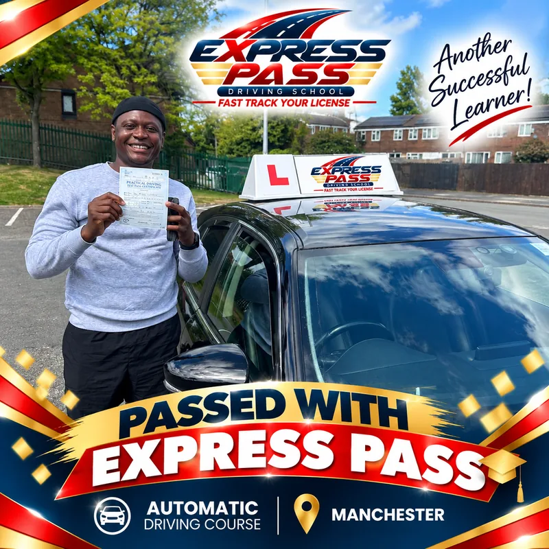 Express Pass student holding their driving test pass certificate — Automatic course · Manchester