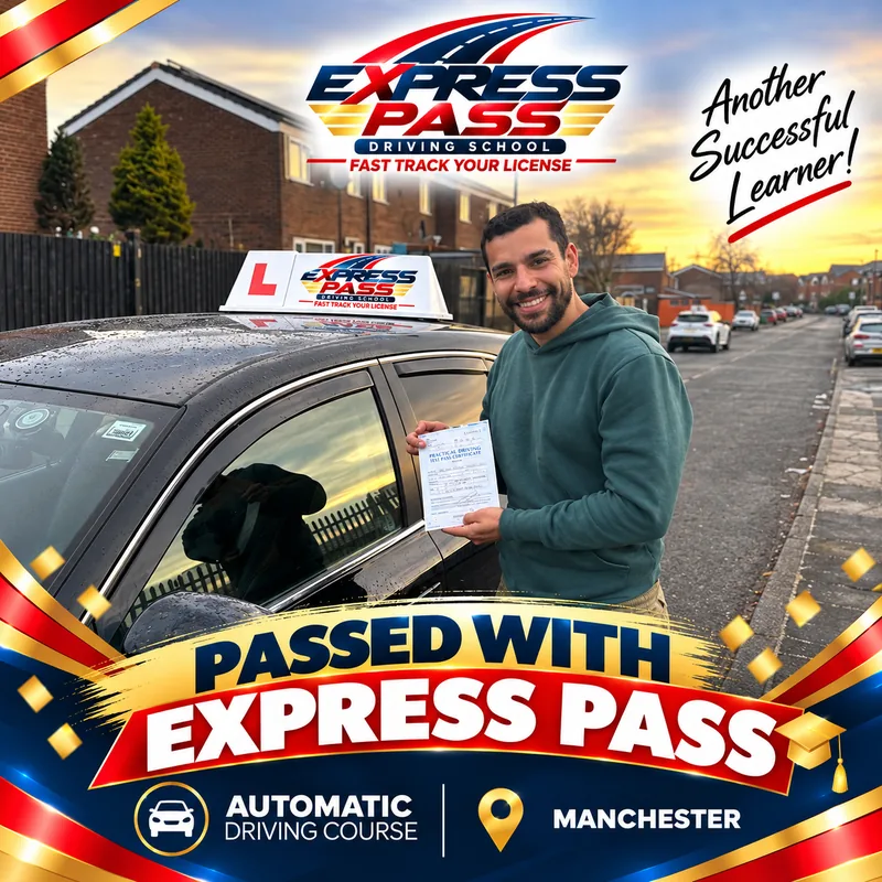 Express Pass student holding their driving test pass certificate — Automatic course · Manchester