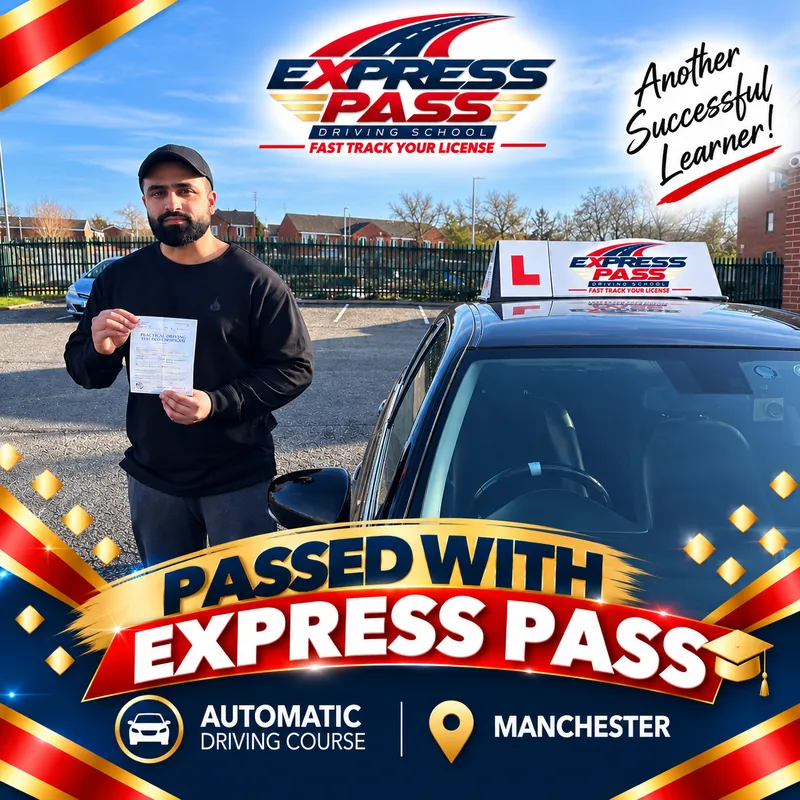 Express Pass student holding their driving test pass certificate — Automatic course · Manchester