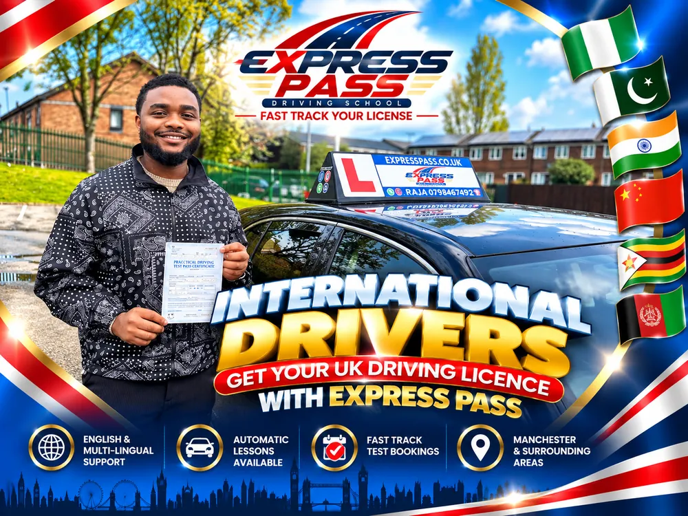 International driver holding their UK driving test pass certificate with Express Pass, Manchester