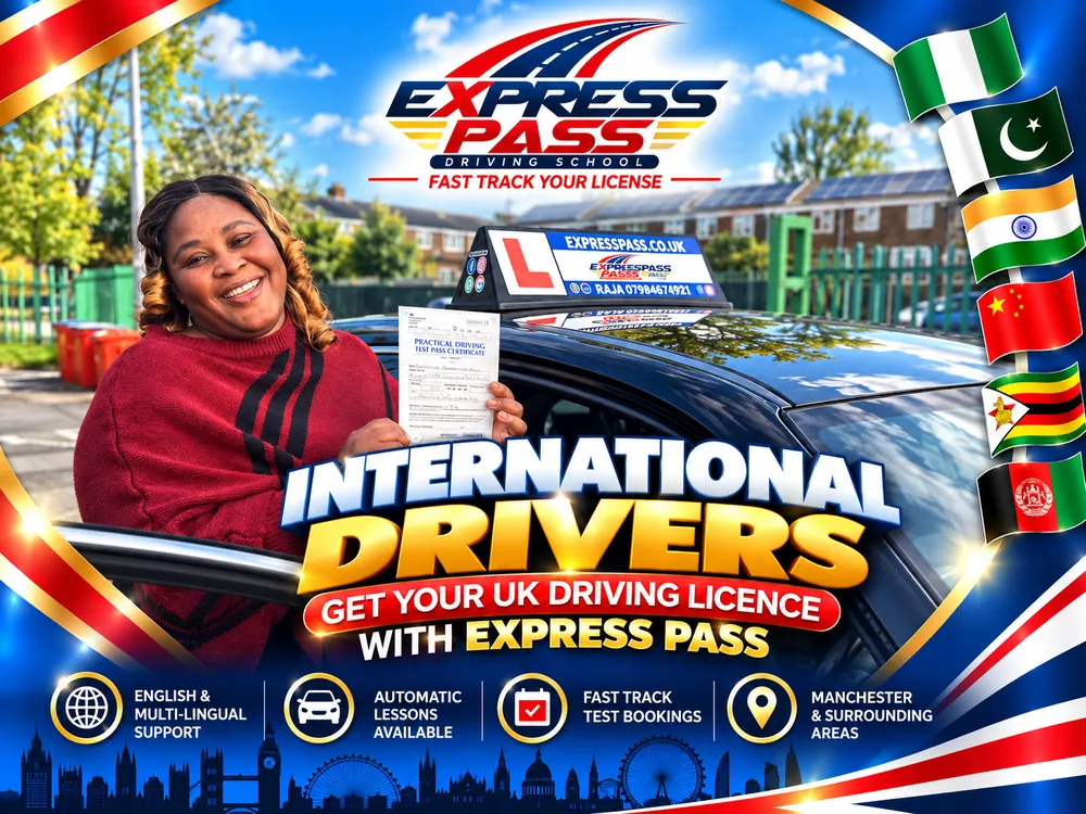 International driver holding their UK driving test pass certificate with Express Pass, Manchester