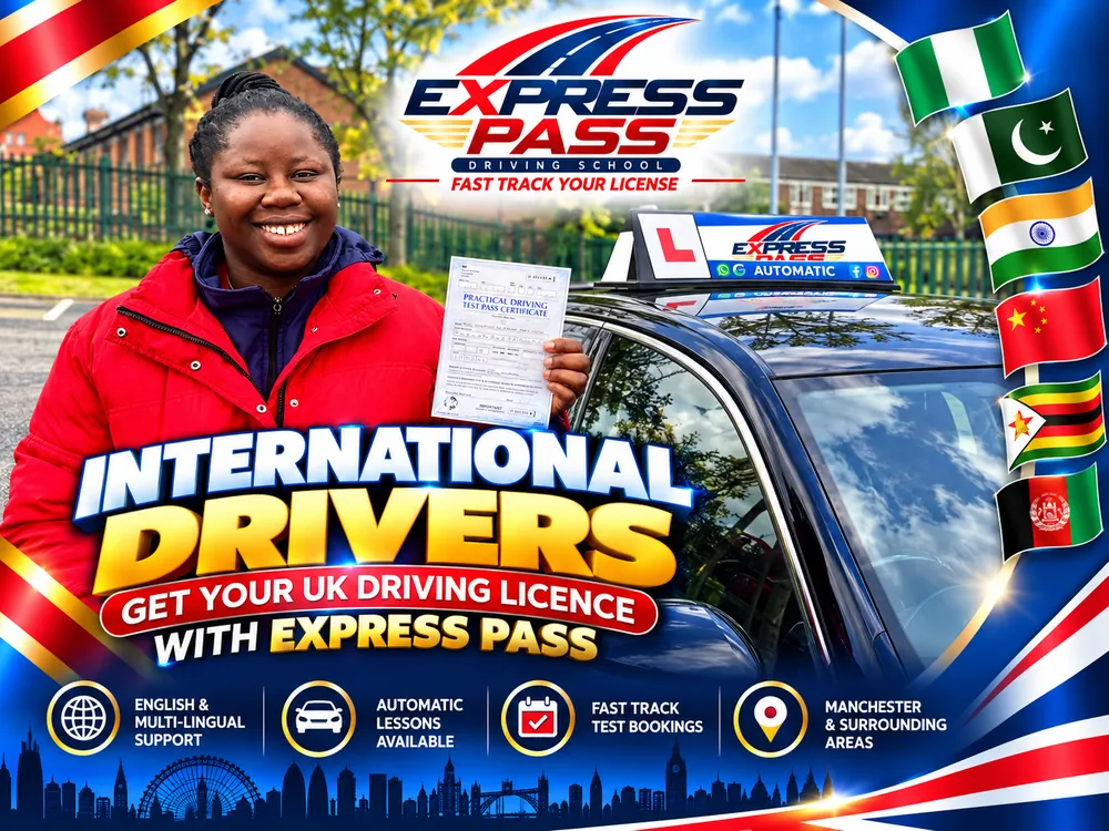 International driver holding their UK driving test pass certificate with Express Pass, Manchester