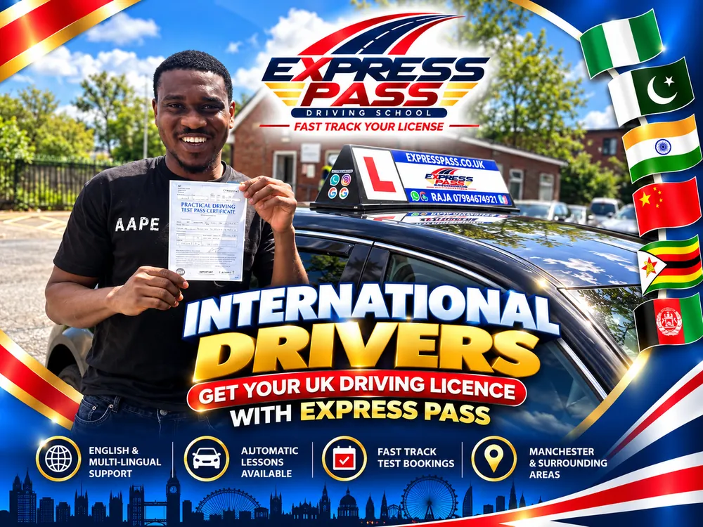 International driver holding their UK driving test pass certificate with Express Pass, Manchester