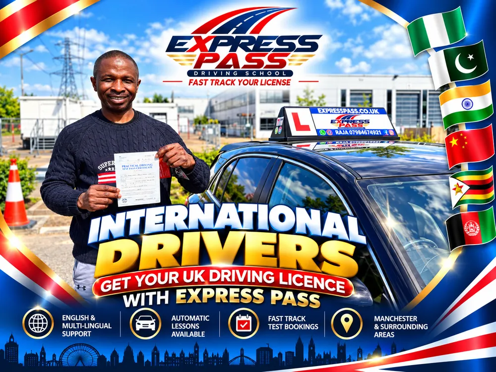 International driver holding their UK driving test pass certificate with Express Pass, Manchester