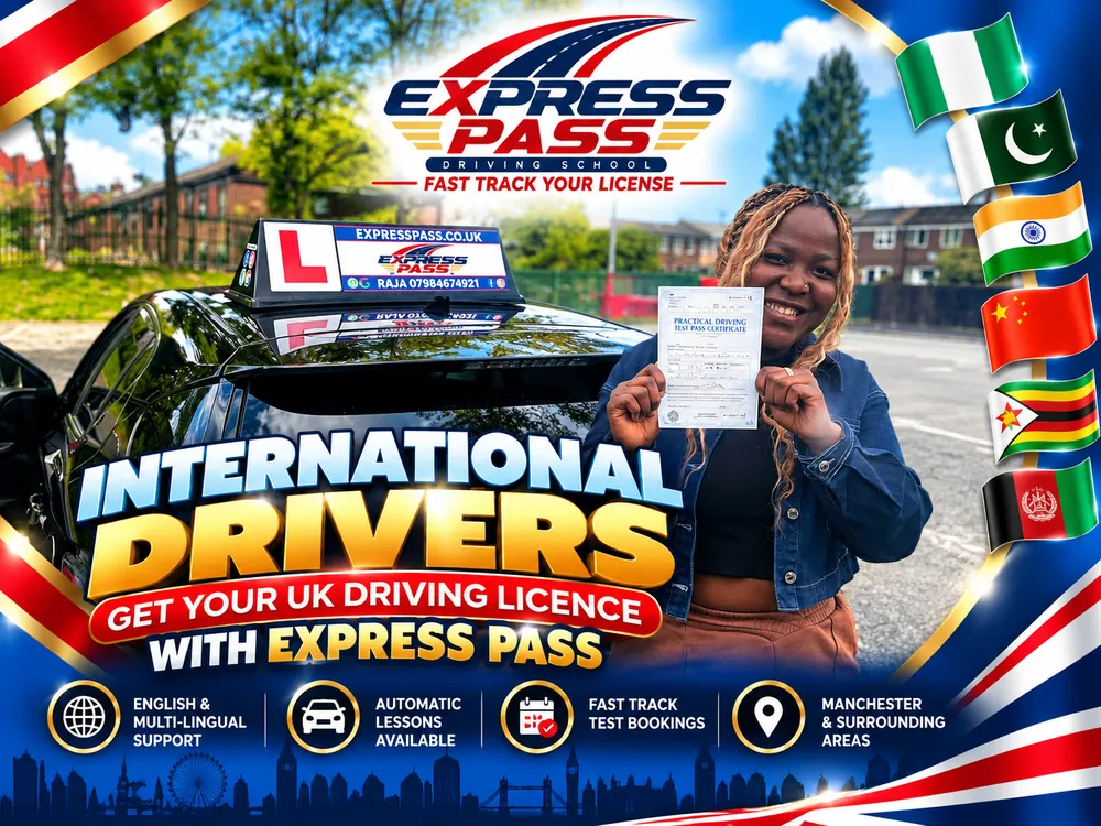 International driver holding their UK driving test pass certificate with Express Pass, Manchester