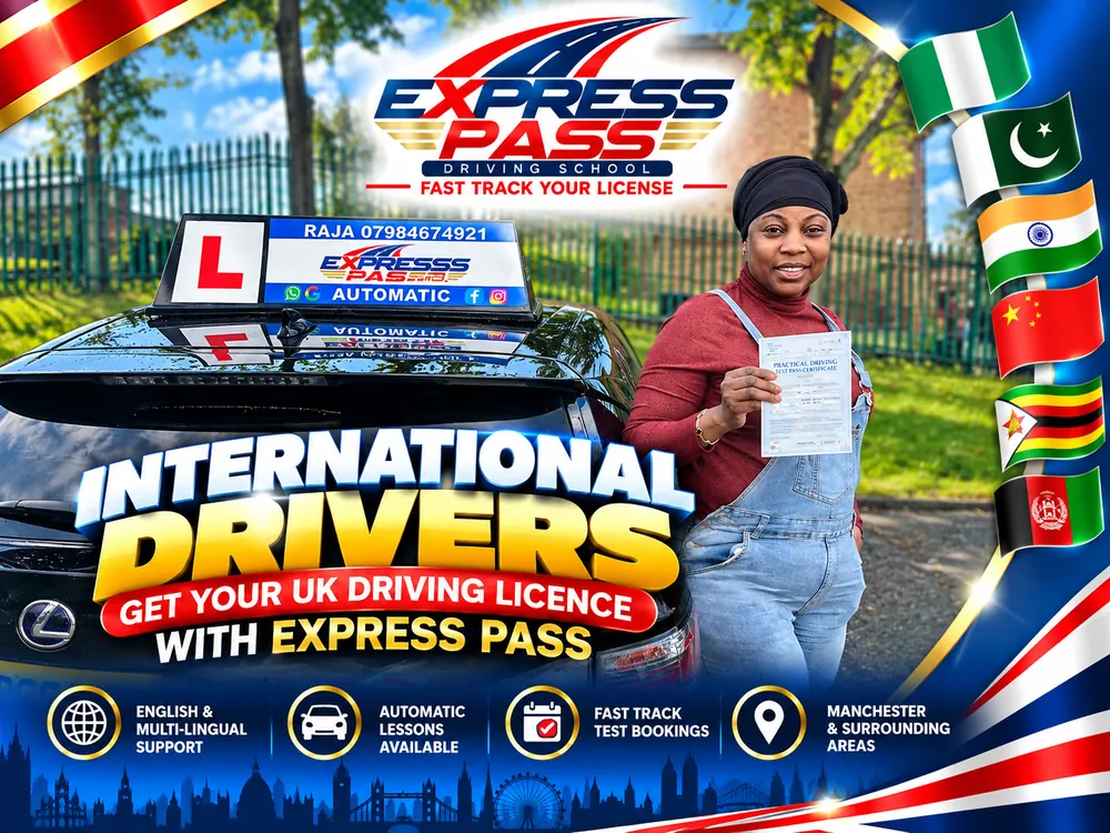 International driver holding their UK driving test pass certificate with Express Pass, Manchester