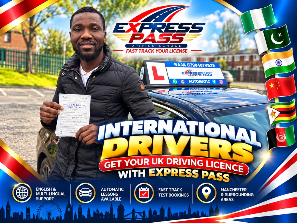 International driver holding their UK driving test pass certificate with Express Pass, Manchester