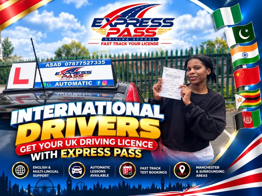 International driver holding their UK driving test pass certificate with Express Pass, Manchester
