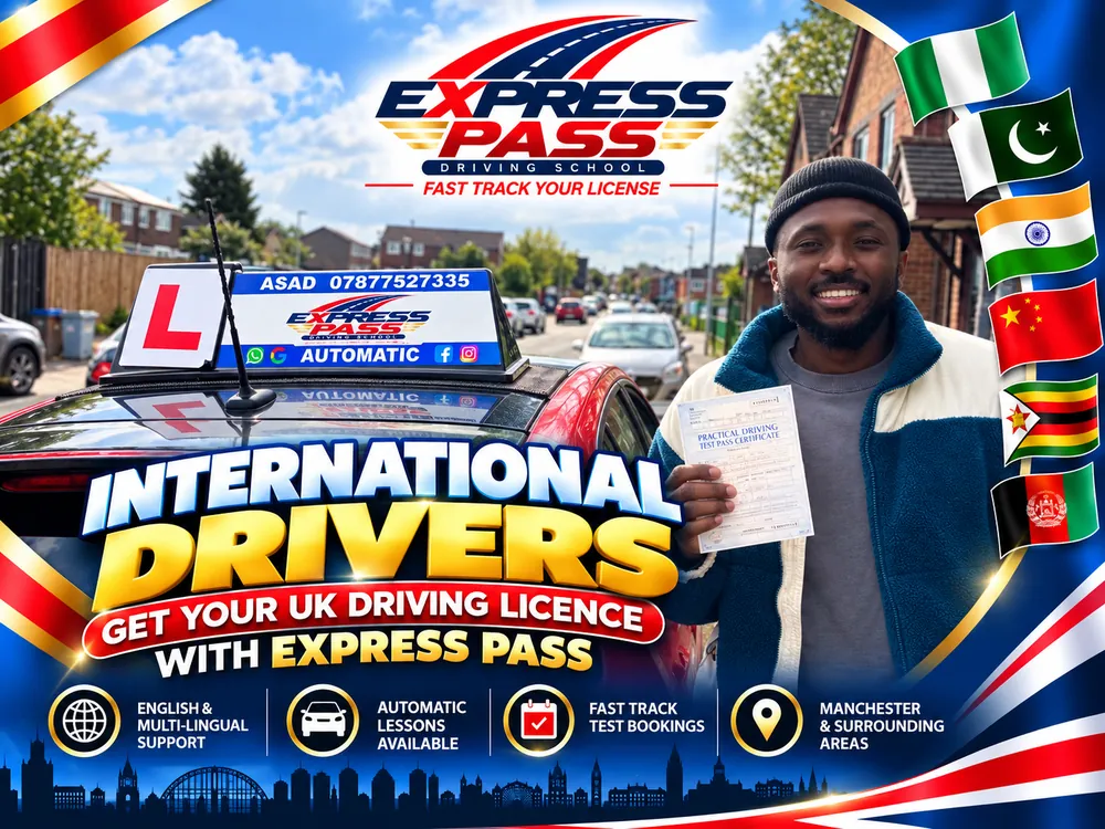 International driver holding their UK driving test pass certificate with Express Pass, Manchester
