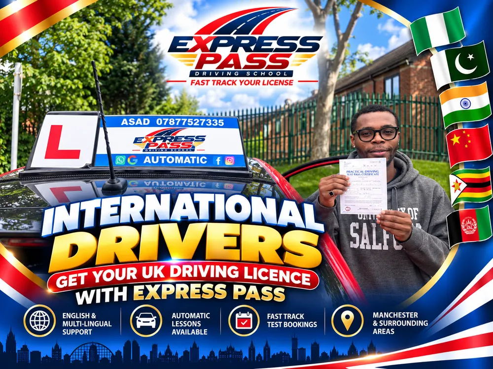 International driver holding their UK driving test pass certificate with Express Pass, Manchester