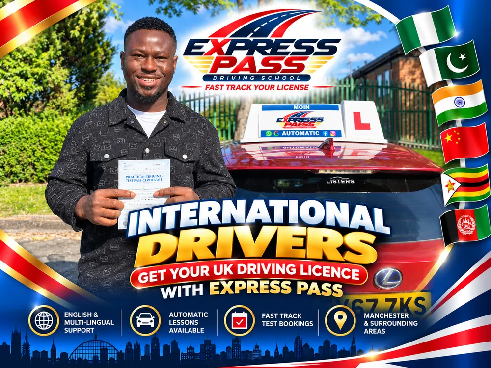 International driver holding their UK driving test pass certificate with Express Pass, Manchester