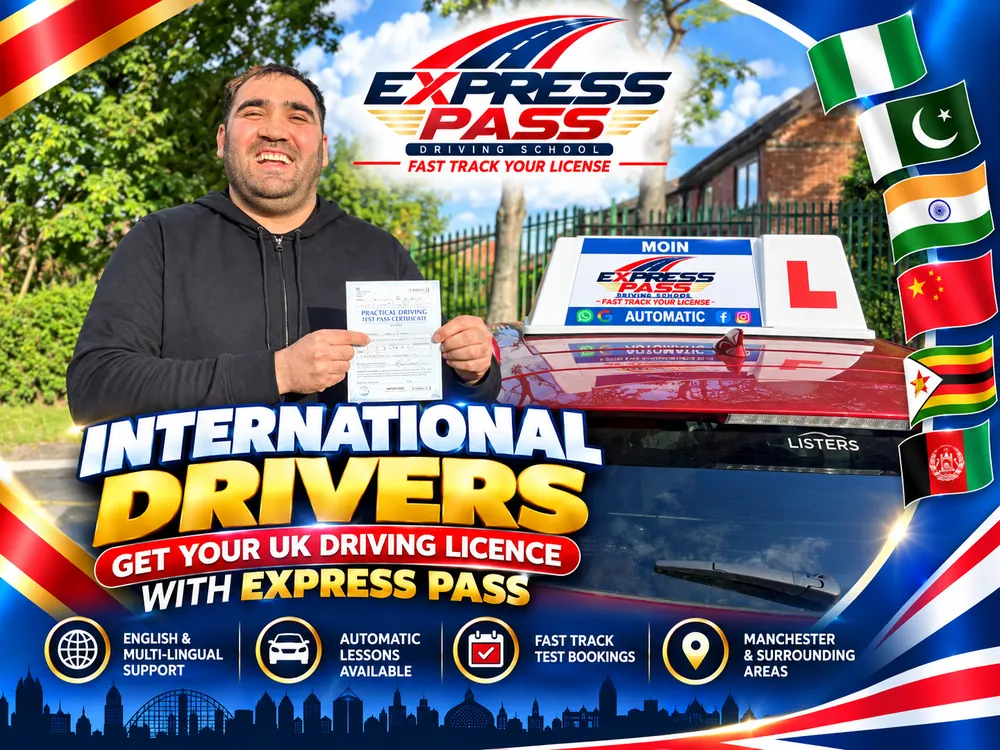 International driver holding their UK driving test pass certificate with Express Pass, Manchester