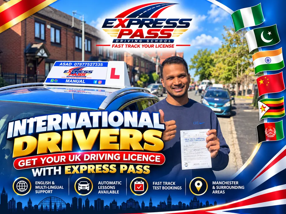 International driver holding their UK driving test pass certificate with Express Pass, Manchester