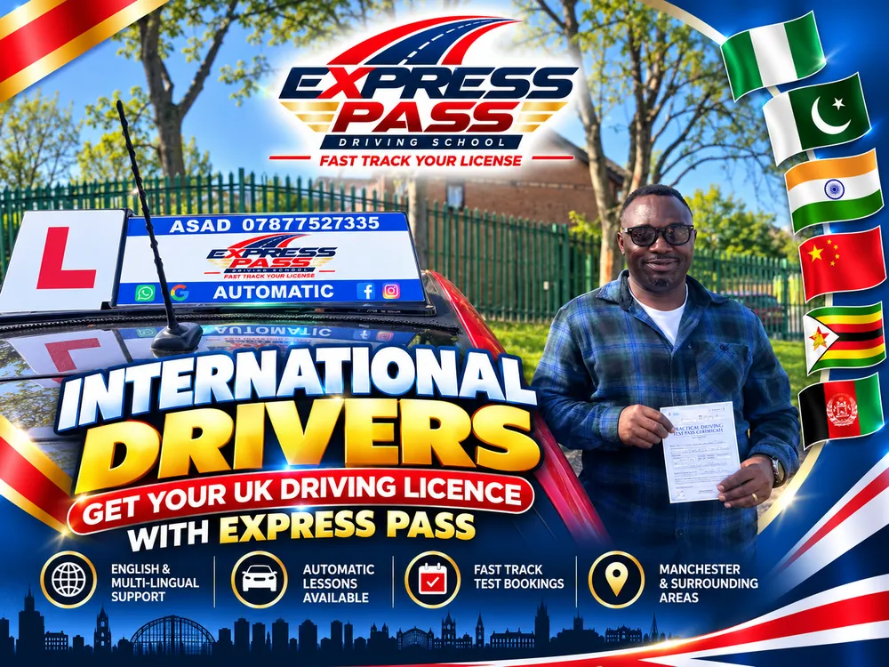 International driver holding their UK driving test pass certificate with Express Pass, Manchester