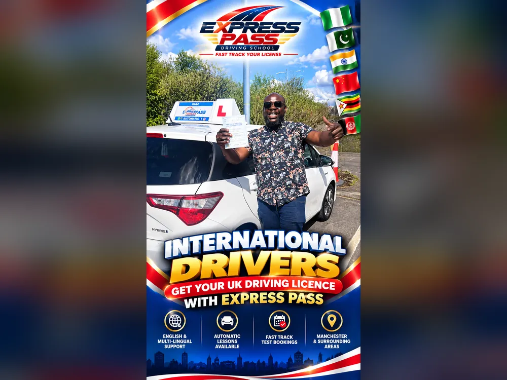 International driver holding their UK driving test pass certificate with Express Pass, Manchester