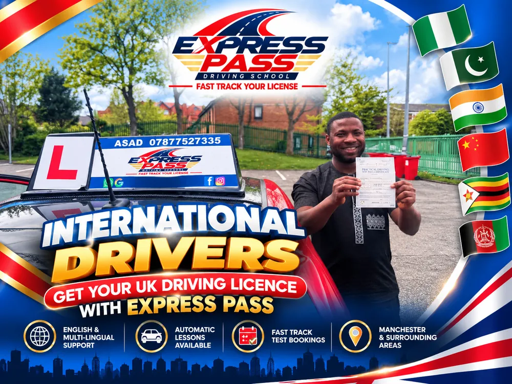 International driver holding their UK driving test pass certificate with Express Pass, Manchester
