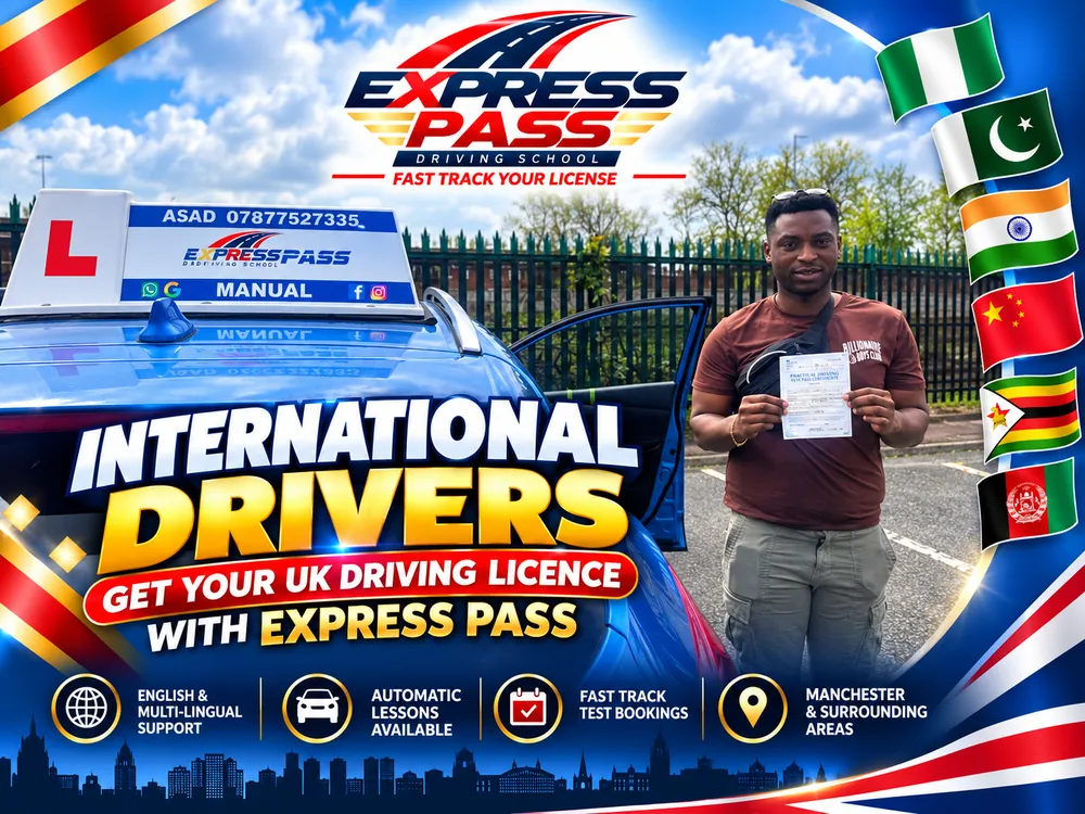 International driver holding their UK driving test pass certificate with Express Pass, Manchester