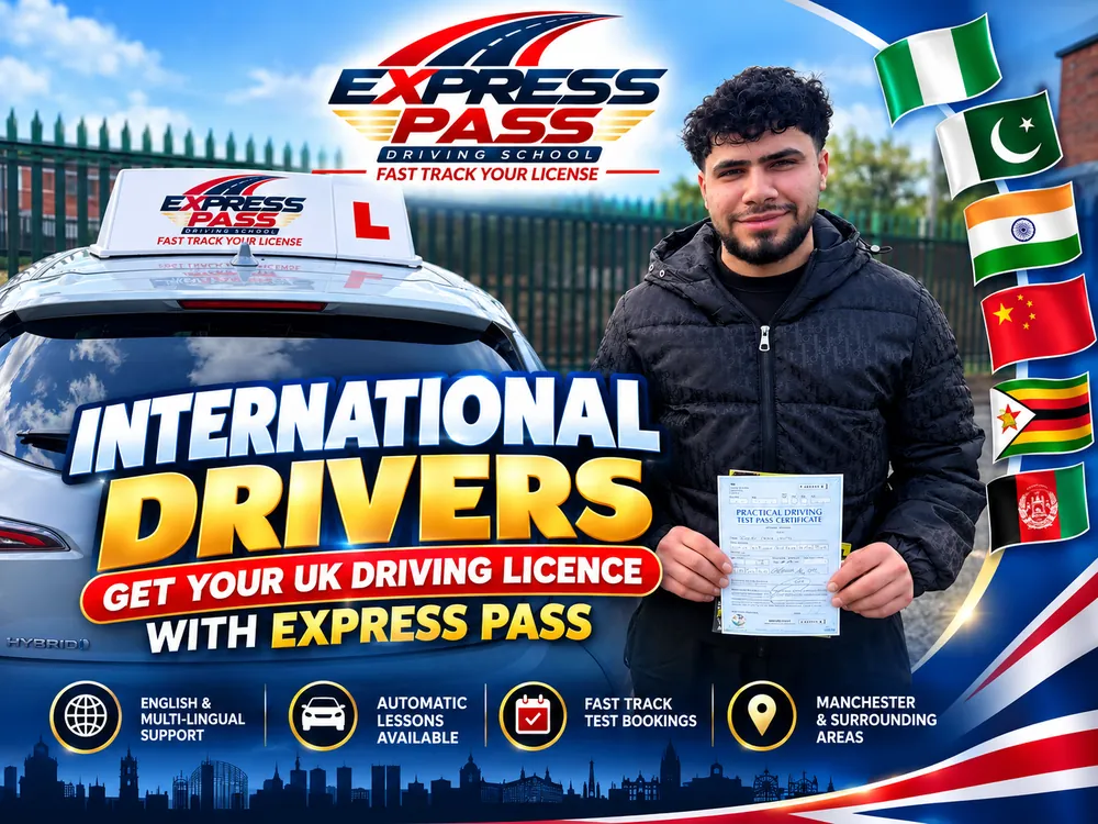 International driver holding their UK driving test pass certificate with Express Pass, Manchester