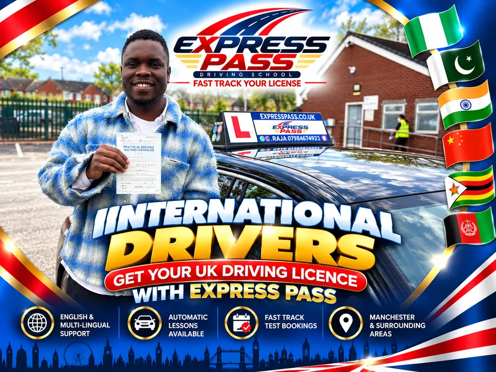 International driver holding their UK driving test pass certificate with Express Pass, Manchester