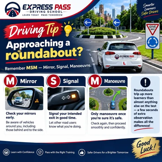 🚗 Driving Tip: Approaching a roundabout? Remember MSM — Mirror, Signal, Manoeuvre. A few seconds o…