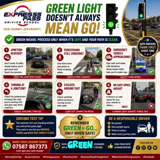 🚦 GREEN LIGHT = GO? NOT ALWAYS! 👀 A green light gives you permission to proceed — but only when it…