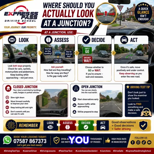 👀 ARE YOU ACTUALLY LOOKING PROPERLY AT JUNCTIONS? A quick glance isn’t enough! 🚗 LOOK 👀 → ASSESS 🧠…
